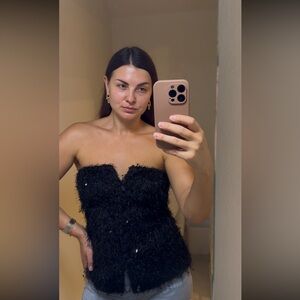 ZARA Black Sequin Textured Corset Bustier Top Size M Party